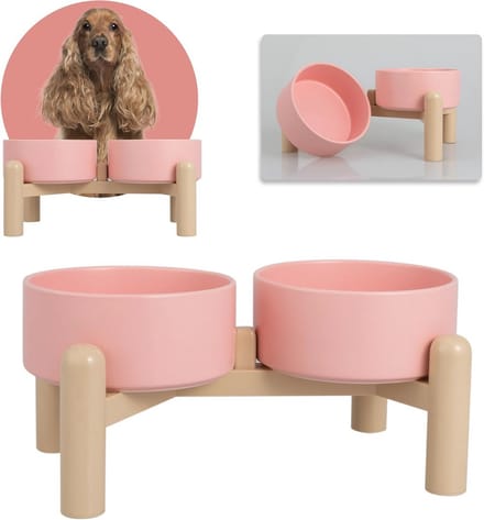 Verhoogde keramische hondenvoerbak set van 2 met antislip houder - 850 ml roze
