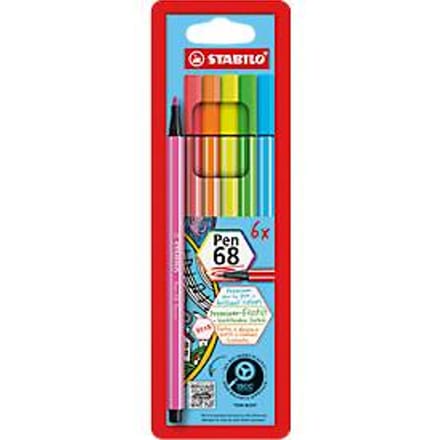 Viltstift STABILO Pen 68 medium fluor assorti etui à 6 stuks