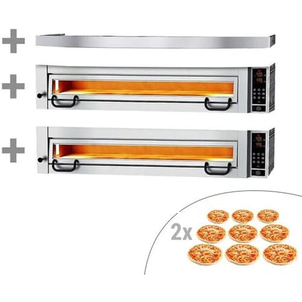 GGM Gastro Elektrische pizzaoven Power - 1480x1360x932mm - 2 kamers - 9+9 x Ø 34cm - tot 450°C - Touch - incl. afzuigkap zilver