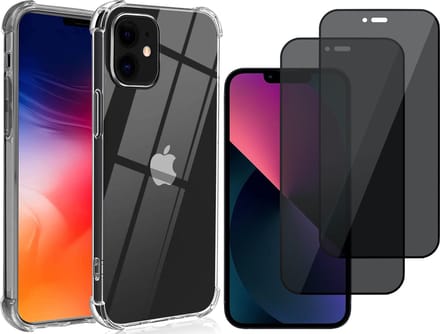 Hoesje geschikt voor iPhone 13 Mini Transparant - Shockproof Case + 2x Volledig Dekkende Privacy Glas Screen Protector