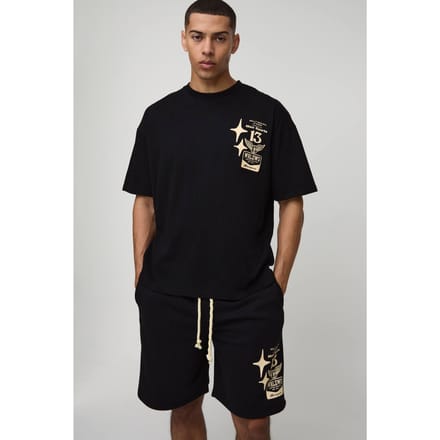 Oversized Moto Graphic T-Shirt & Short Set | Black | Size Medium