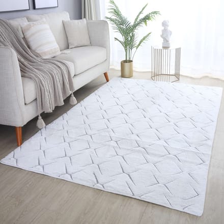 Flycarpets Nonia Hoogpolig Fluffy 3D Design Geruit Vloerkleed - Zilver - 140x200 cm