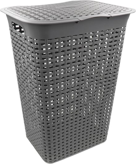 Wasmand met deksel rotanlook 55L - Hoekig, Grijs