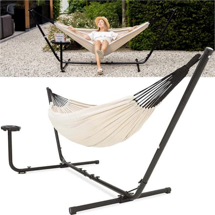 Vita5 Hangmat met Standaard – 2 Persoons – Incl. Bekerhouder – 150 kg Draaggewicht – Beige/Wit