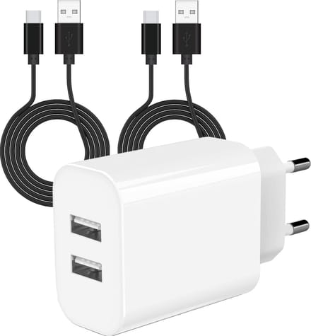 USB Oplader met 2 Poorten + 2x Sterke USB-C Kabel - 2 Meter - Geschikt voor A52, A53, A23, A22, S21, S20, S22