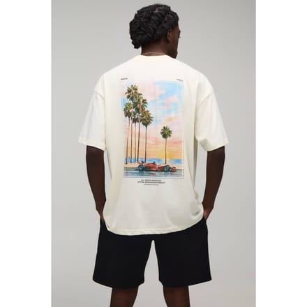 Oversized T-shirt & Short Set Met Verlengde Hals En Sportwagen Palmboom Print | Ecru | Size Medium