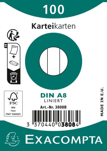 Exacompta Pak 100 steekkaarten in folie - bristol gelijnd niet geperforeerd 55x74mm - Wit - 3808B
