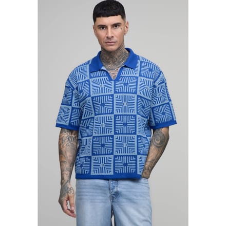 Tall Oversized Boxy Crochet Tapestry Knitted Polo T-Shirt | Blue | Size Small