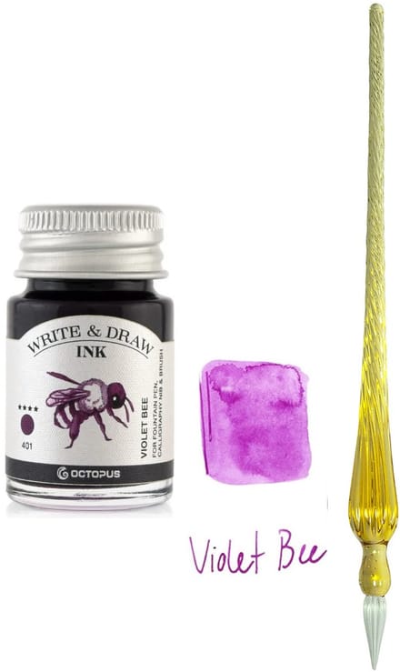 Glaspen - Glazen Dip Pen set in doosje Oranje - Potje Octopus inkt violet bee