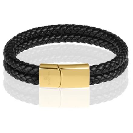 Memphis dubbele leren armband Zwart Goudkleurig-21cm