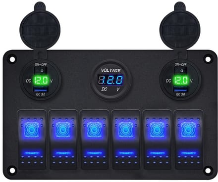 ProRide Schakelpaneel 12V voor Auto/Boot - USB Lader 4 Poorten met Voltmeter - 5V/2.4A - 6 Schakelaars