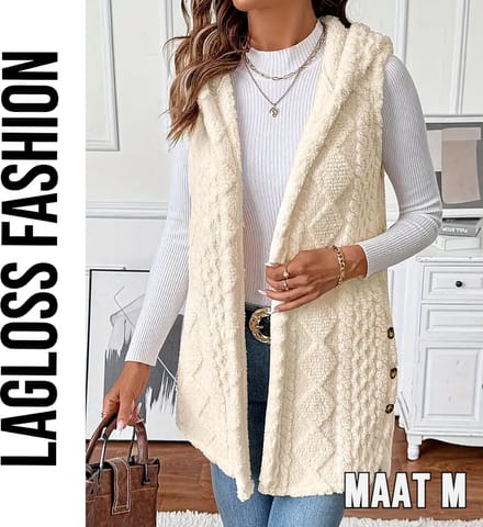 LaGloss® Elegante Mouwloze Dames Vest – Crème – Open Model met Zijknopen & Capuchon – Maat M