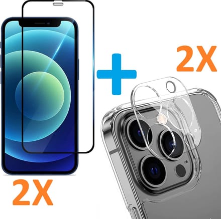 2X Volledige Dekking Scherm Tempered Glass Screen Protector + 2X Camera lens Beschermer Transparant Geschikt voor: Apple iPhone 12