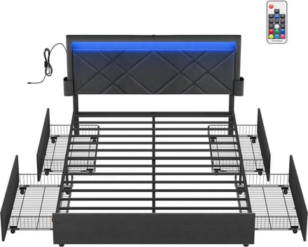VASAGLE - Bed - LED Verlichting - 4 Lades - Verstelbaar Gestoffeerd Hoofdbord