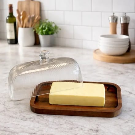 Mulex – boterdoos – glazen deksel – houten basis – geribbeld glas