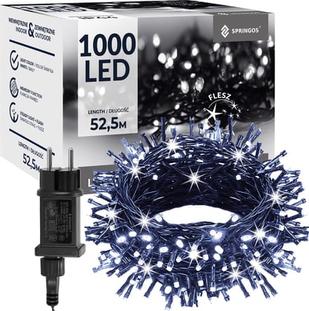 Springos Kerstboomverlichting | met 1000 LED Lampjes | 50 M | Koel Wit | Inclusief Flitsfunctie