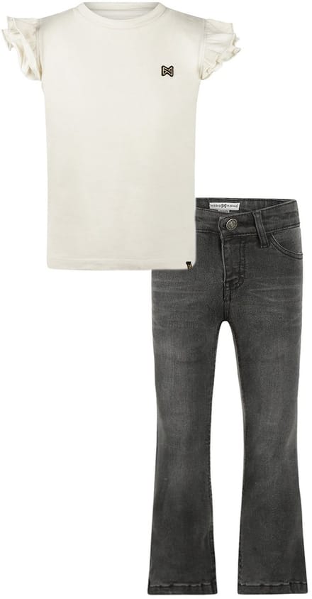 Koko Noko - Kledingset - Basic Collection - Bio Cotton - Dark grey Jeans flared - Shirt Korte mouw Off white - Maat 140