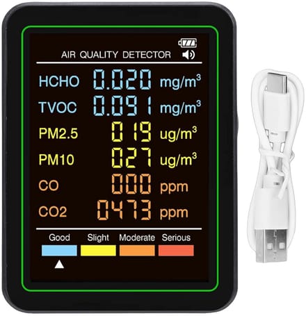 Luchtkwaliteitsmonitor - Luchttester - Binnenlucht Meten - 6-in-1 Detectie - 14 x 9 x 5 cm - Zwart