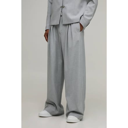 Pantalon De Costume Large À Double Plis Et Ceinture Ajustée | Grey | Size 36