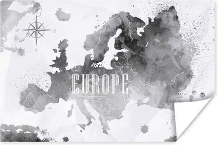 Poster - Waterverf - Wereldkaart - Zwart - 120x80 cm