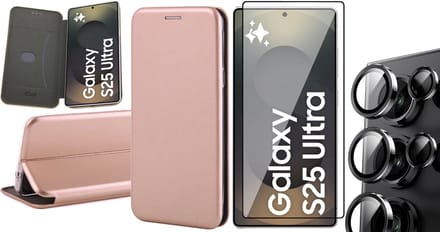 Hoesje geschikt voor Samsung Galaxy S25 Ultra - Screenprotector Glas & Camera - Wallet Book Case Rosegoud