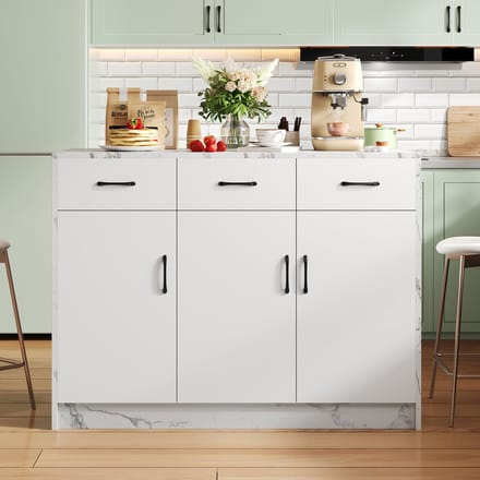 MODFU Keukeneiland - Met Barruimte En 3 Laden - Modern - MDF - Wit Marmerlook - 120 X 60 X 90,5 Cm