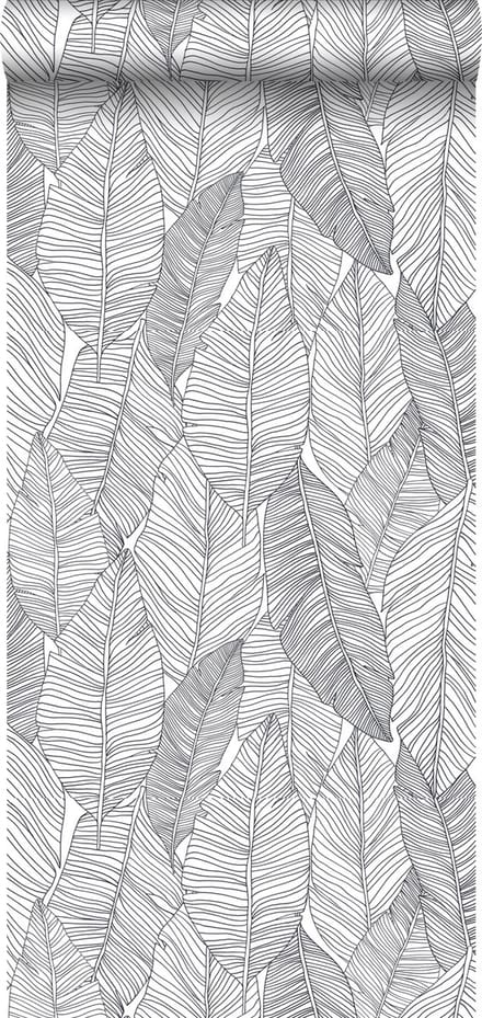 ESTAhome behang getekende bladeren zwart en wit - 53 cm x 10.05 m - 139011