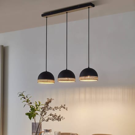 Lindby - hanglamp - 3lichts - ijzer, rotan - H: 21 cm - E14 - zwart, rotan natuur