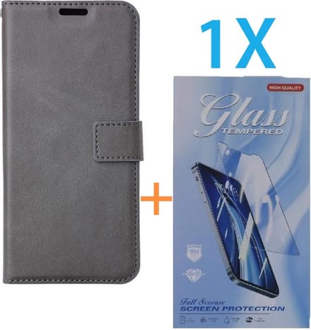 Bookcase Geschikt voor: Apple iPhone 14 Pro Max - Grijs - portemonnee hoesje - + 1X Tempered Glass Screenprotector