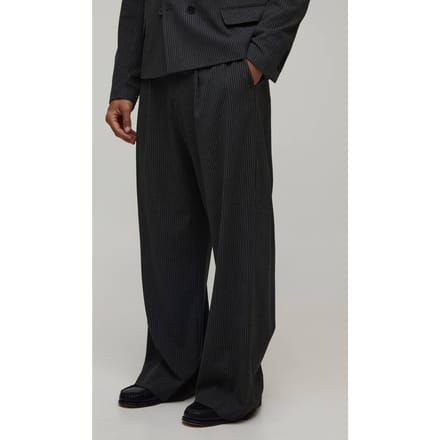 Gestreepte Wijde Pijpen Plooivoorkant Gesneden Pantalon | Charcoal | Size 32