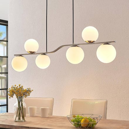 Lindby - hanglamp - 6lichts - Glas, metaal - H: 32 cm - E14 - wit, nikkel gesatineerd