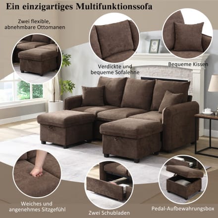 Multifunktionale Ecksofa U-Form-Dreisitzer Polster-Sofa mit Staufunktion – Inklusive Schubladen + Hocker mit Staufach, modular zerlegbares Sofa-Set mit Schlaffunktion, Chenille-Bezug