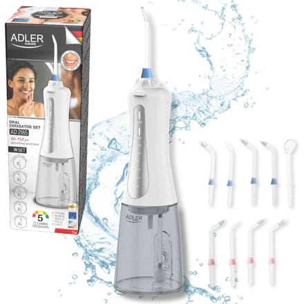 Adler AD 2185 draadloze tandheelkundige irrigator, 5 modi, 10 tips, 350 ml tank, USB-C