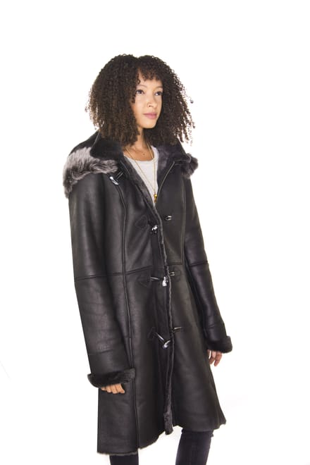 Dames zwarte schapenvacht duffelcoat met capuchon-Ottawa