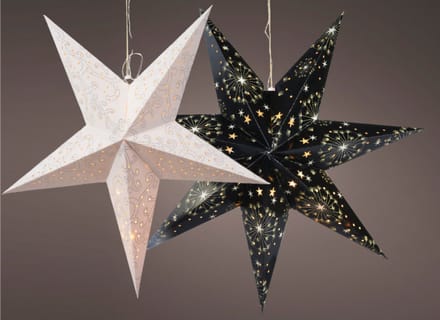 Verlichte kerststerren - 2x st - wit en zwart - 60 cm - papier - op batterijen