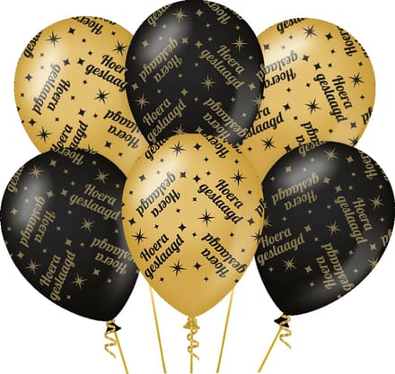 Ballonnen | Hoera geslaagd | 6 stuks | Kleur: Zwart Goud