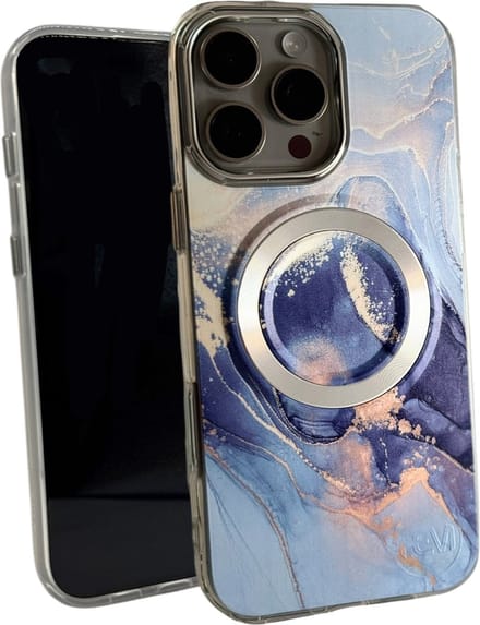 HEM Artistic Silver-Blue Hoesje geschikt voor iPhone 15 Pro - Hoesje Magsafe Compatibel - Shockproof Backcover