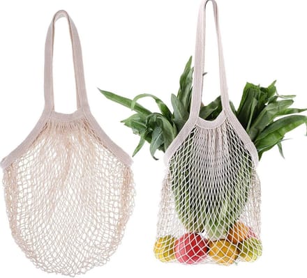 Herbruikbare mesh boodschappentassen 2 stuks - Cotton Drawstring - Groente Fruit Zakken - Beige