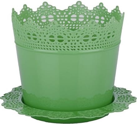 4 Sierlijke bloempotjes met kanteffect groene sierpotten 14cm + gratis schaal