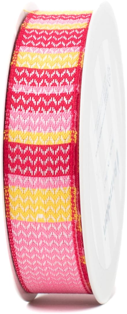Trekstrik op rol - cadeaulint - 25 mm x 15 meter - roze/rood/geel - haakpatroon