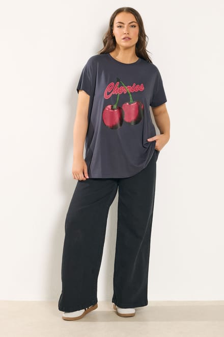 Yours Grijs 'Cherries' Slogan Tshirt Size 42