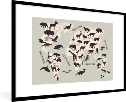Wereldkaart - Kinderen - Grijs - Schoolplaat - Kinderkamer - 120x80 cm