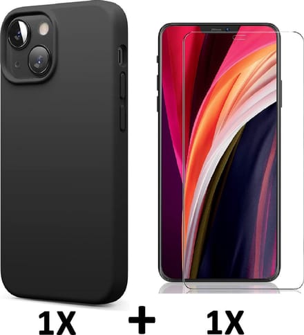 HB Hoesje Geschikt voor Apple iPhone 13 Mini - Zwart / Glazen Screenprotector - Siliconen Back Cover