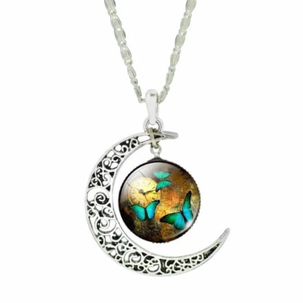 Fako Bijoux® - Ketting - Cabochon - Vlinders Klok - Maan - Bruin/Groen