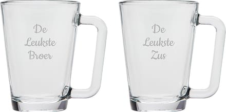 Gegraveerde theeglas 26cl De Leukste Broer-De Leukste Zus