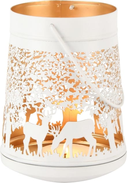 Dekoratief | Theelichthouder 'Deer Party', wit/goud, metaal, 13x13x17cm | A248322