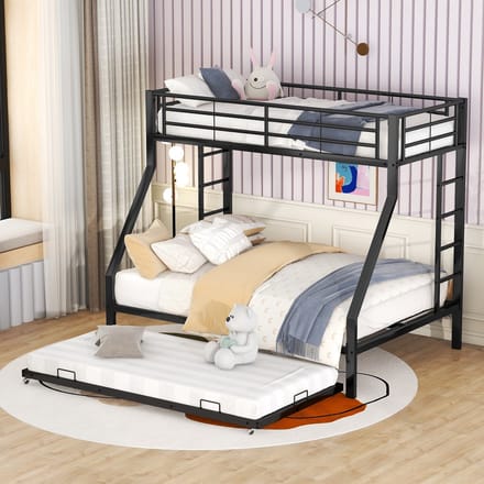 MODFU Bedframe 90(140)x200 cm – zwart metaal – stapelbed met uittrekbed en 2 ladders