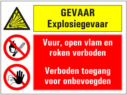 Explosiegevaar, vuur open vlam roken en onbevoegden verboden bord 280 x 210 mm - kunststof