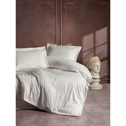 Parure de lit - 1 housse de couette 140 x 200cm + 1 taies d'oreiller 60 x 60 cm - Satin - Imprimé rayures Ecru