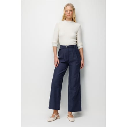 Hoge Taille Geweven Wijde Pijpen Broek met Ceintuur